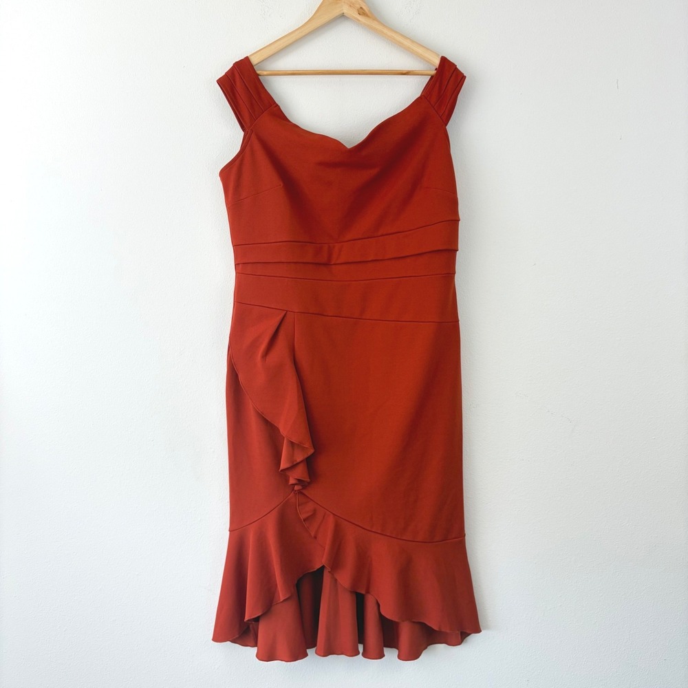 Wedding Guest 2XL Cocktail Dress Terracotta Dark Rust Red Off Shoulder Ruffle